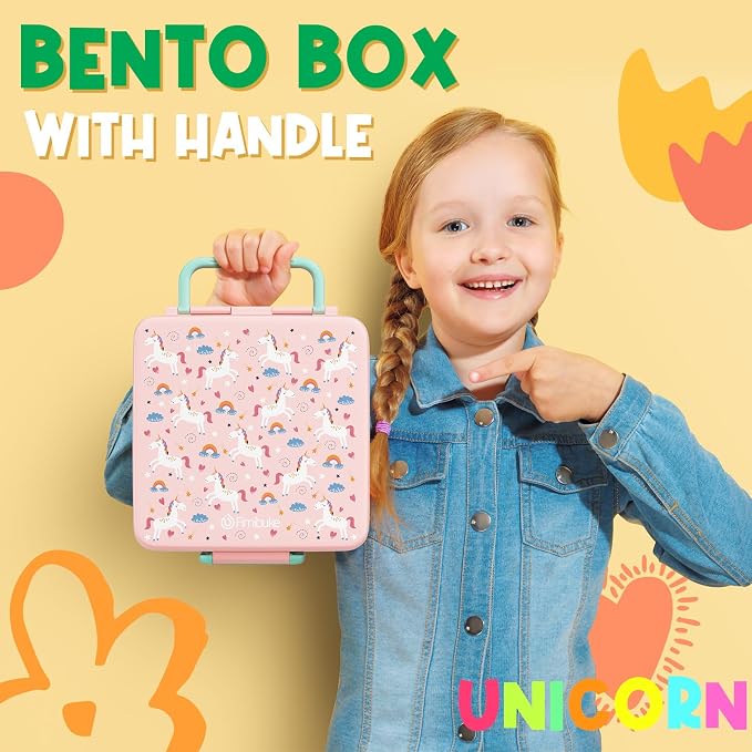 Fimibuke Bento Lunch Box for Kids, Toddler Bento Box with 4 Compartments | Leak Proof BPA Free Dishwasher Safe Lunch Container with Utensils, Ideal Portion Sizes for Ages 3-12 Girls Boys for School