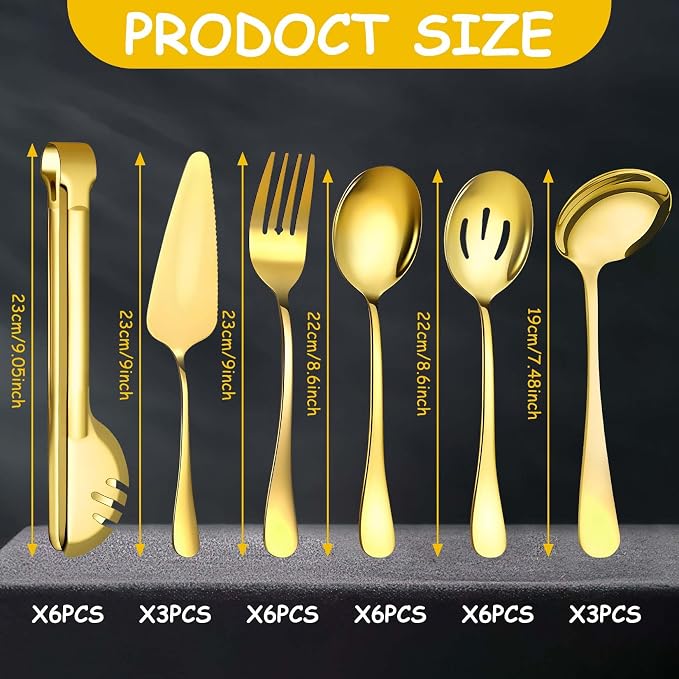 30 Pcs Gold Serving Utensils Set Include Stainless Steel Large Serving Spoons Slotted Spoons Forks Soup Ladle Pie Server - Metal Utensils for Parties Buffet Catering, Dishwasher Safe