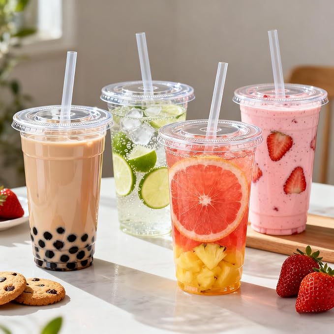 Lamosi 100 Pack 20 oz Clear Plastic Cups with Lids and Straws | Disposable Plastic Cold Cups for Iced Coffee, Smoothies, Parties, Picnics, Office Drinks, Light To-Go Use and Easy Cleanup