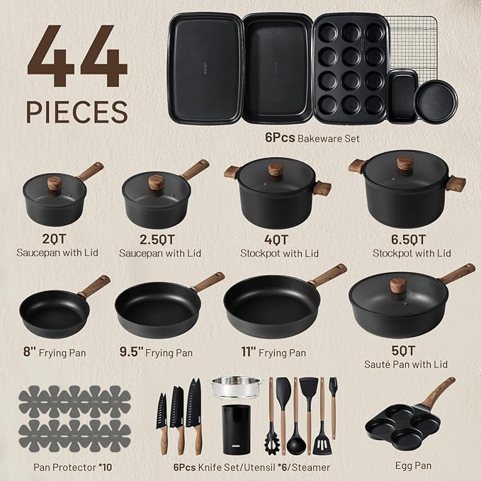 CAROTE 44pcs Pots and Pans, Nonstick Cookware Set with Bakeware | Induction Kitchen Cooking Set, Durable, Easy Food Release, Even Heating, with Knife Set