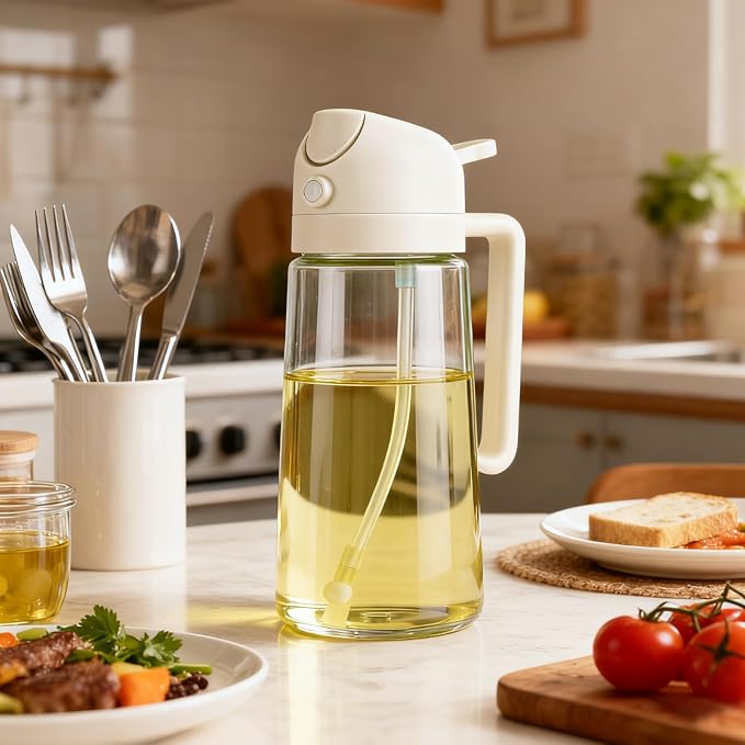 16oz/470ml Glass Olive Oil Sprayer & 2-in-1 Dispenser Bottle with Pour Spout for Cooking, Air Fryers, Salads, BBQs, and Kitchen Use(milky white)