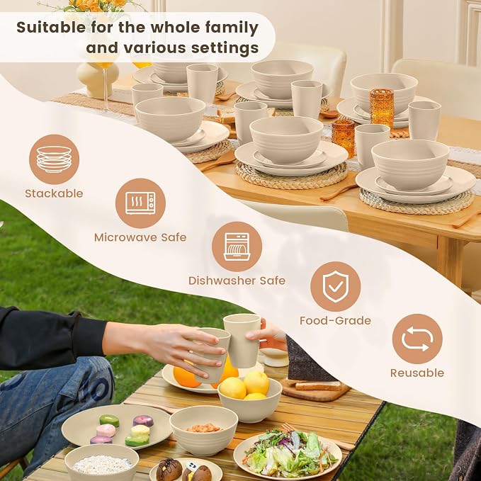 24 PCS Premium Wheat Straw Dishes Set for 6, Reusable Plates and Bowls Sets,Cups,Lightweight & Unbreakable Dishwasher and Microwave Safe Dinnerware Sets for Kitchen,Outdoor- Beige