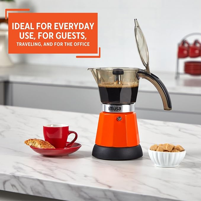 IMUSA 6 or 3 Cup Electric Espresso Maker with Cool-Touch Handle, Orange | Bare Aluminum Finish, Cool-Touch Handle with Visual Indicator, Makes Espresso, Ideal for Everyday Use and Gifts