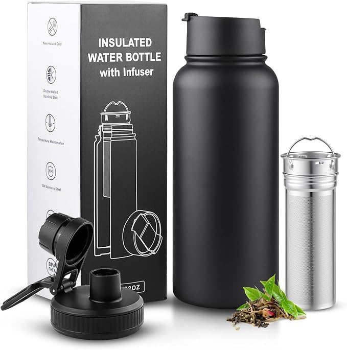 Sivaphe 32 oz Tea Infuser Bottle With Removable Filter,18/8 Stainless Steel Insulated Water Bottle for Loose Leaf Tea,1L Strainer Travel Tumbler with Lid Black