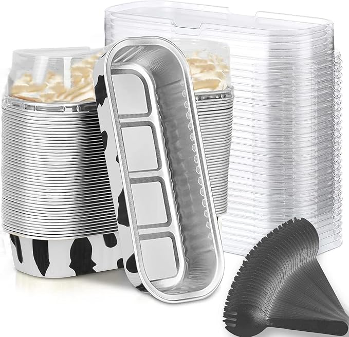 Findful Mini Loaf Baking Pans with Lids and Spoons (50 Pack, 6.8oz) Rectangle Aluminum Foil Baking Pans Tins Containers - Cupcake Containers Wrappers Cheesecake Creme Brulee Ramekins