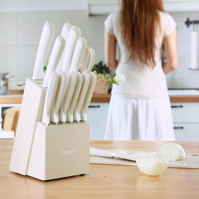 hecef 15Pcs Cream White Kitchen Knife Set, Built-in Sharpening Wooden Block | Dishwasher Safe, High Carbon Stainless Steel, Includes Steak Knives & Kitchen Scissors