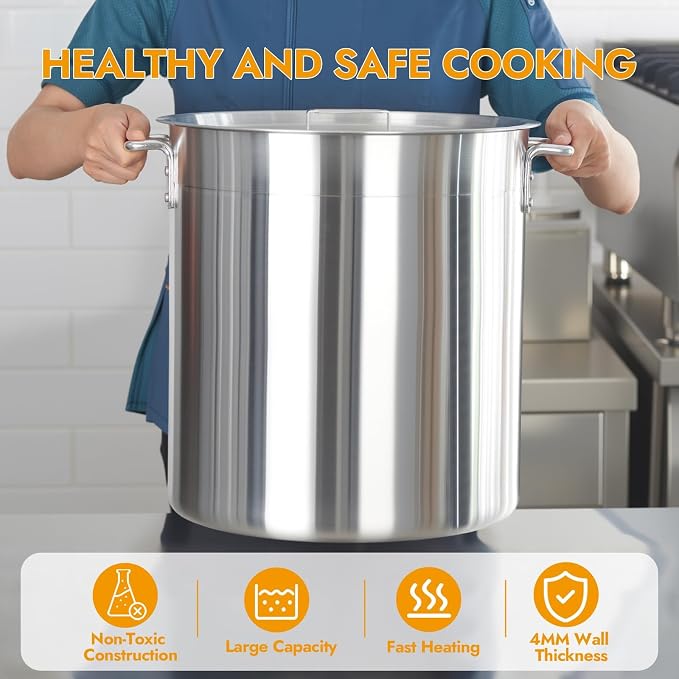 CURTA 40 Quarts Aluminum Stock Pot with Lid, Heavy Duty Commercial Grade Large Capacity Cooking Pot for Boiling, Stewing, Great for Kitchen, Restaurant, Catering, and Home Use, NSF Certified