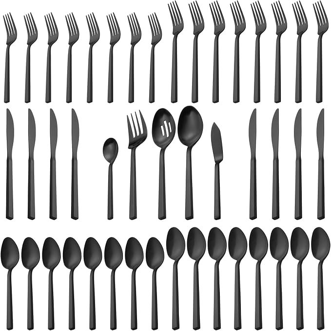 Alata Cube 45-Piece Forged Stainless Steel Flatware Set Cutlery Set with Utensil-Serving Set, Silverware Set Service for 8, Matte Satin Polished, Dishwasher Safe