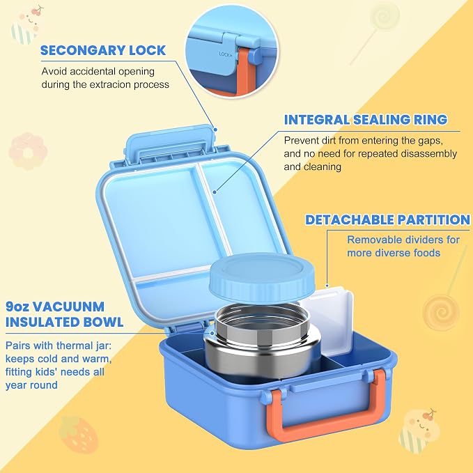 Bento Lunch Box for Kids with 9oz Thermo, Waterproof Kids Stickers, Leak-proof Lunch Containers with 3 Compartments,Kids-friendly Size,Durable/Dishwasher Safe Lunch Box for School Outdoors-Blue