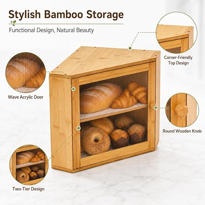 BAMBANG Corner Bread Box for Kitchen Countertop, Large Capacity Bamboo Wood Bread Storage Container, 2 Tier Farmhouse Breadbox with Fluted Acrylic Door for Bread, Homemade Bread and Snacks, Natural