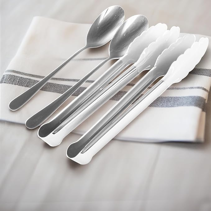 12PCS Silver Serving Utensils Set,Includes 8 large serving spoons,4 serving tongs