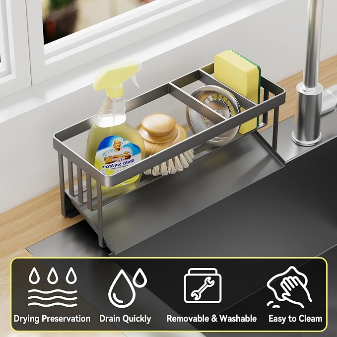Kitchen Sink Caddy Organizer for Kitchen Countertop Organizers Grey | 304 Stainless Steel, Removable Drip Tray, Home Decor Accessories