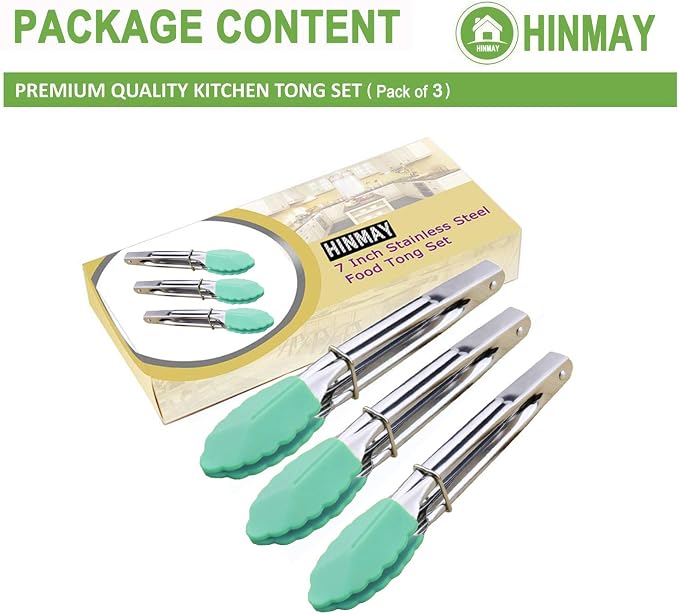 HINMAY 7" Stainless Steel Food Tongs with Silicone Tips, Set of 3 (Mint) | 7-Inch Mini Tongs