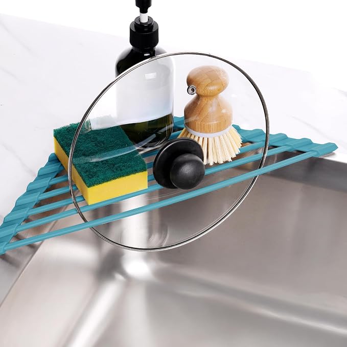 Tomorotec Roll Up Dish Drying Rack with Silicone Coating, Dark Green | 304 Stainless Steel with BPA-Free Silicone, Triangle Design Maximizes Sink Corner Space, Fits Compact Kitchens And RVs