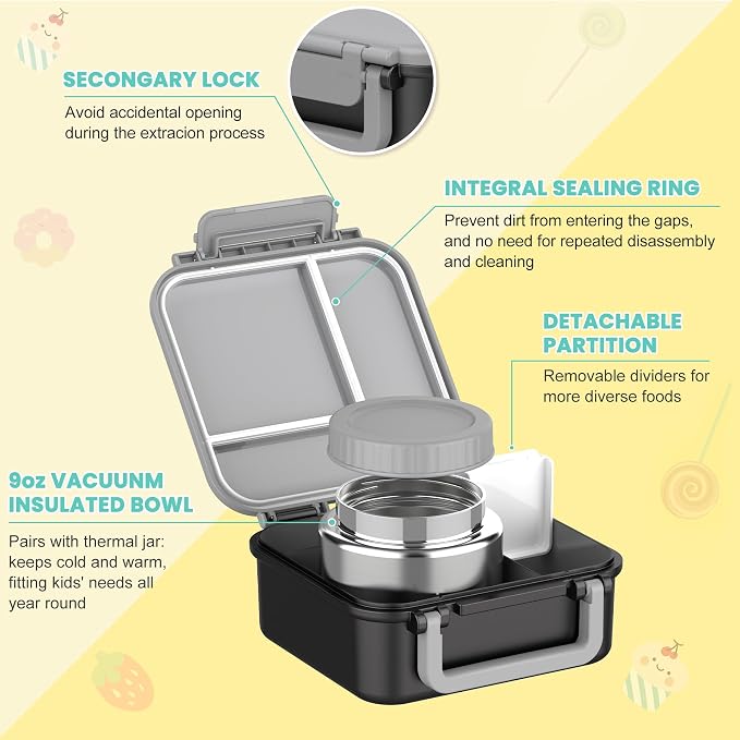 Bento Box for Kids with Food Thermo,Leak-proof Lunch Container | 4 Compartment Kids Lunch Box,9oz Insulated Hot Food Jar,Built-in Utensil for Boys Girls Toddler to School Travel-Black Gray
