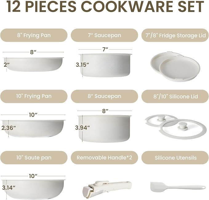 Simple Deluxe 12 Pcs Cookware Set, Non-Stick Pots and Pans Set, with Black Granite Texture and Detachable Handles, Resistant to High Temperatures, Oven Safe, PFAS and PFOA Free, Beige