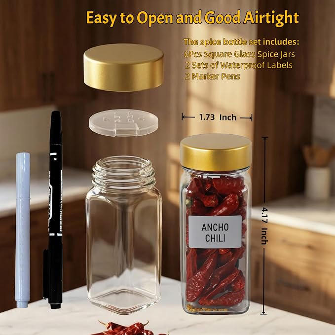 6 Pack Spice Jars with Labels - 4oz Square Glass Seasoning Containers with Shaker Lids & Airtight Metal and Plastic Caps - Complete Spice Organizer Set for Cabinet, Drawer & Rack (6)