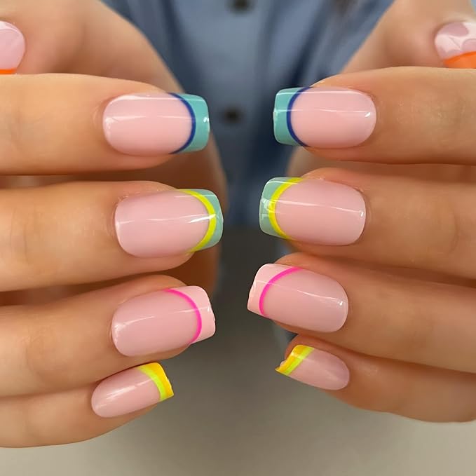 CurvLife Short Square Rainbow Design Press On Nails, Multicolor,Soft Gel | 32PCS, 16 Sizes, Salon-Quality Natural Fake Nails, Curved Fit, 7-14 Day Glue-On Wear, Reusable Stick-On Nails, Press-On Kit