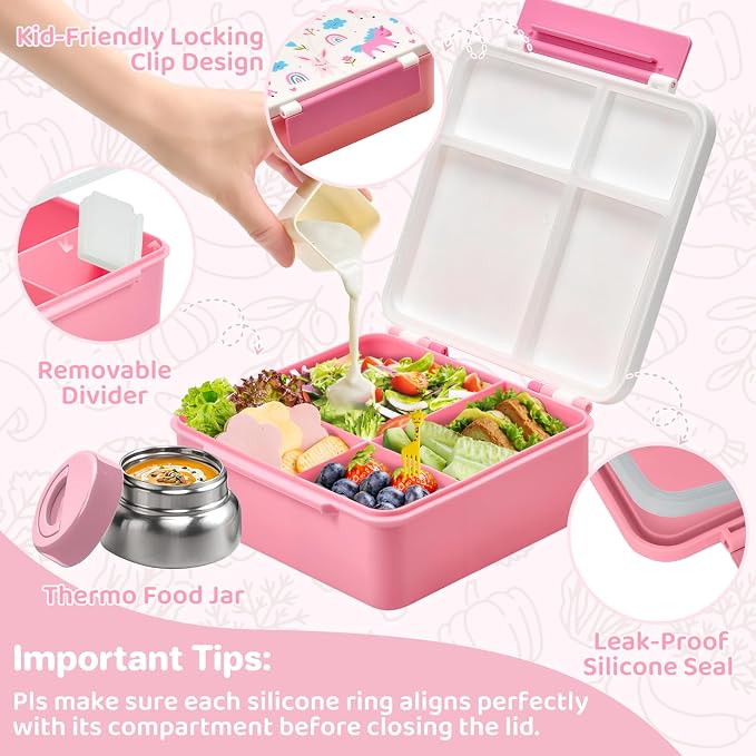 JSLOVE Bento Lunch Box with Leak Proof Thermos Food Jar for Kids, Food Lunch Containers for Girls with 4 Compartments, BPA-Free with Utensils, Food Picks, Sauce Jar & Silicone Lunch Box Dividers