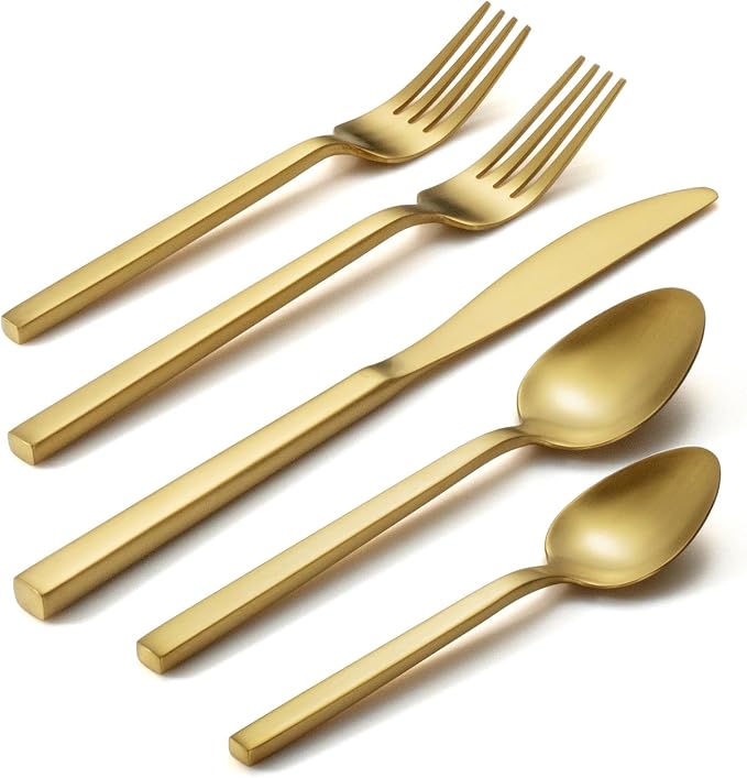 Alata Cube Matte Gold 40-Piece Flatware Set, Forged Cutlery Set, Service for 8, Stainless Steel Tableware with Square Handle for Home/Restaurant, Dishwasher Safe
