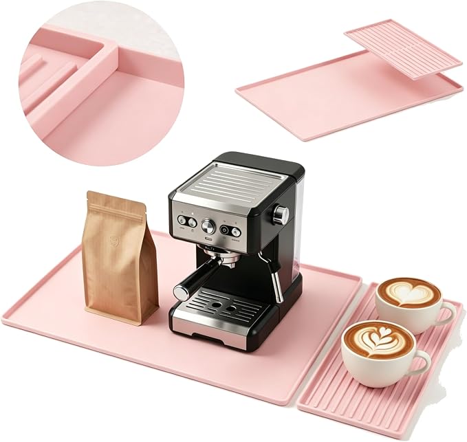 Silicone Coffee Mat 24 x 16 in with Tray, Soft Light Pink | Coffee bar mat for countertop use, coffee station mat or coffee machine mat with removable tray and 0.47 in raised rim.