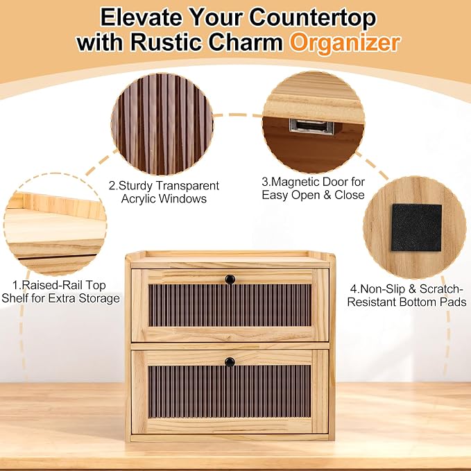 Alpeir Wooden Bread Box for Kitchen Countertop, Large Double Layer, Nature | Food-Safe Pine Wood, Double-Row Ventilation, Strong Acrylic Window, Raised Top Shelf, Easy Care, Farmhouse Corner Container