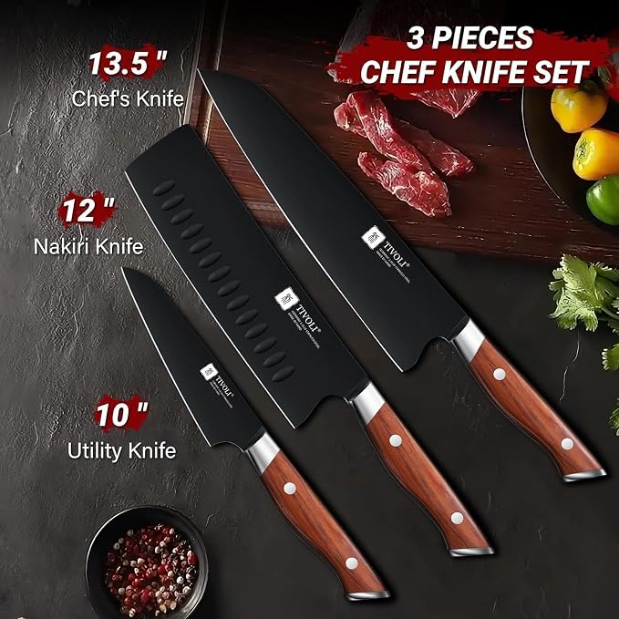 TIVOLI 3 PCS Kitchen Knife Set - Black Blade Rustproof Coating | German High Carbon Stainless Steel, Full Tang Ergonomic Wood Handle, Gift Box, Stain Resistant & Easy to Clean, for Cooking