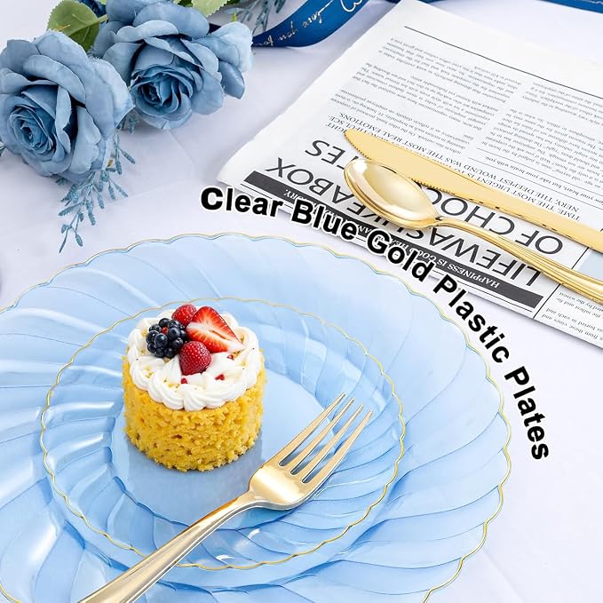 YOUBET 125PCS Clear Blue Gold Plastic Plates - Blue Disposable Plates With Gold Rim Include 25 Dinner Plates 25 Dessert Plates 75 Golden Silverwares for Wedding Birthday & Parties | Clear Blue Disposable Plates With Gold Rim Include 25 Dinner Plates 25...