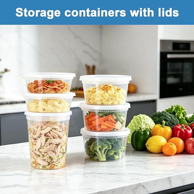 60 Sets Deli Containers With Lids, 8/16/32 oz Quart Containers | BPA Free, Airtight Plastic Food Storage Container, Stackable Leakproof Microwave & Freezer Safe for Soup, Sauce & Leftover