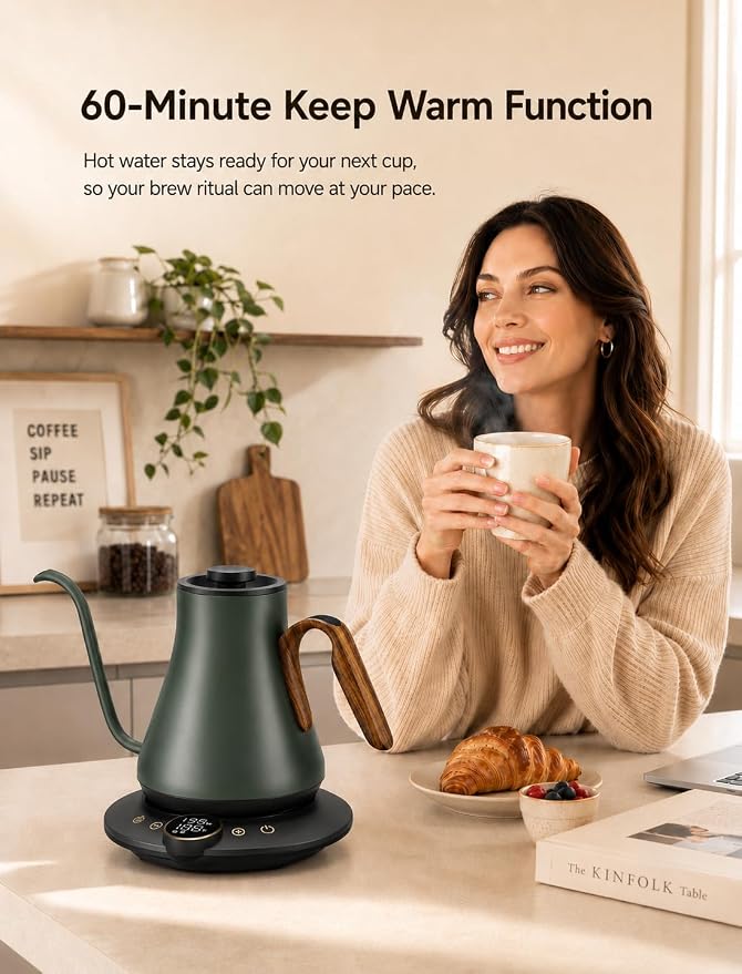Cocinare Gooseneck Electric Kettle, ±1°F Precise Temperature Control, 1500W Fast Heating, Pour Over Coffee & Tea Kettle with Brew Timer & Keep Warm, Stainless Steel, 0.9L (Delacroix Green)