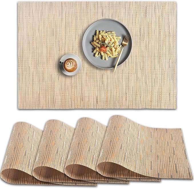 homEdge PVC Placemat, 4 PCS of Non-Slip Heat Resistant Place Mats, Washable Vinyl Placemats, Set of 4-Tan
