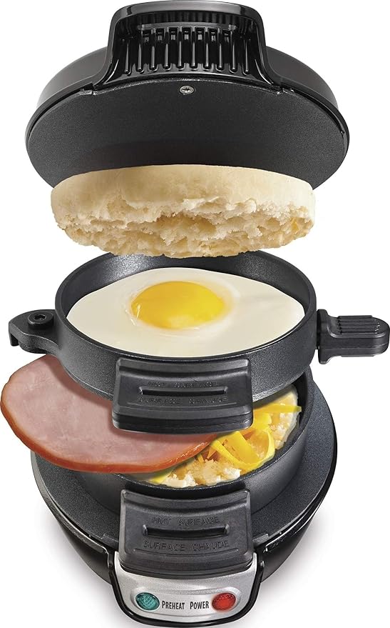 Hamilton Beach Breakfast Sandwich Maker with Egg Cooker Ring | Perfect for English Muffins, Croissants, Mini Waffles | Customizable & Fast | PFAS-Free | Black | 25477MN