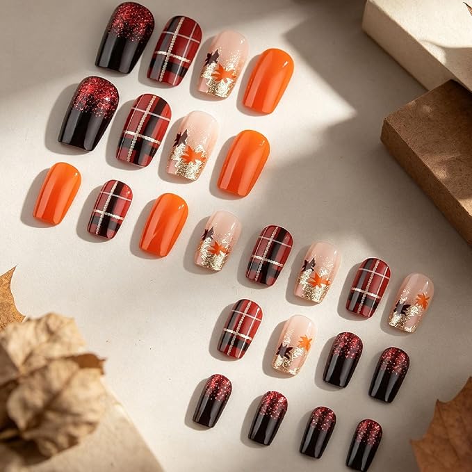 Fall Press on Nails Medium Square Fake Nails with Plaid Maple Leaves Glitter Designs Nails Press ons Orange Brown Acrylic Nails Full Cover Stick on Nails for Women 24 Pcs