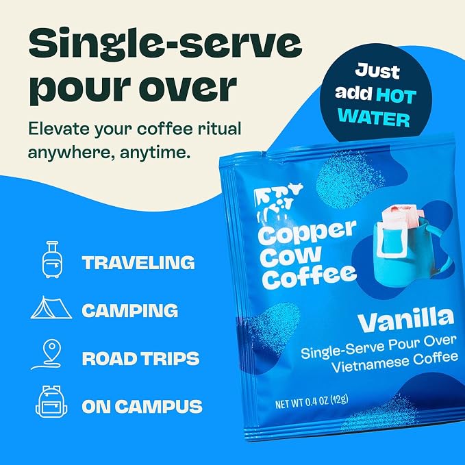 Copper Cow Coffee Premium Pour Over Single-Serve Vietnamese Coffee Pouches (24 pack) | Vanilla | Dark Roast | Flavored with Vanilla Beans | Convenient Vietnamese Ground Coffee Packets, Travel Friendly