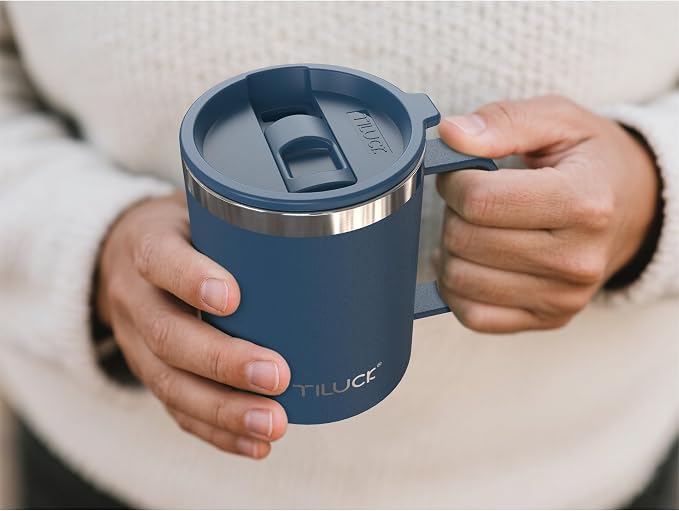 TILUCK 12 oz Insulated Coffee Mug with Lid and Handle | BPA-Free Lid, Double-Wall Vacuum Insulation, Stainless Steel Coffee Cup, Dishwasher Safe Mug for Hot & Cold Drinks, DarkBlue