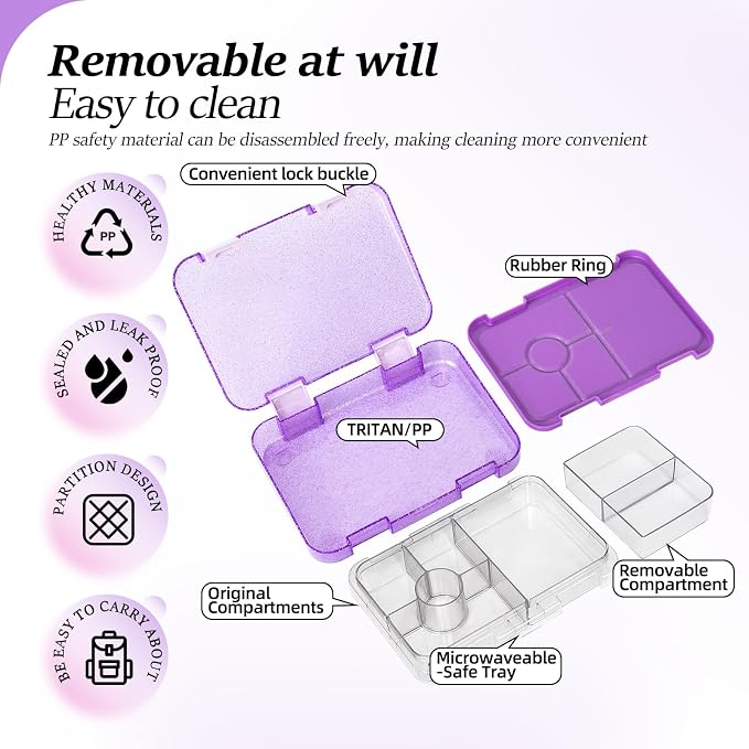 Bento Lunch Box for Kids, 5/6 Compartments, Shiny Purple and Clear | Dishwasher Safe Back to School Snack Bento Lunch Containers Boxes, Ideal Portion Sizes for On-the-Go Meal, Ages 3+, School