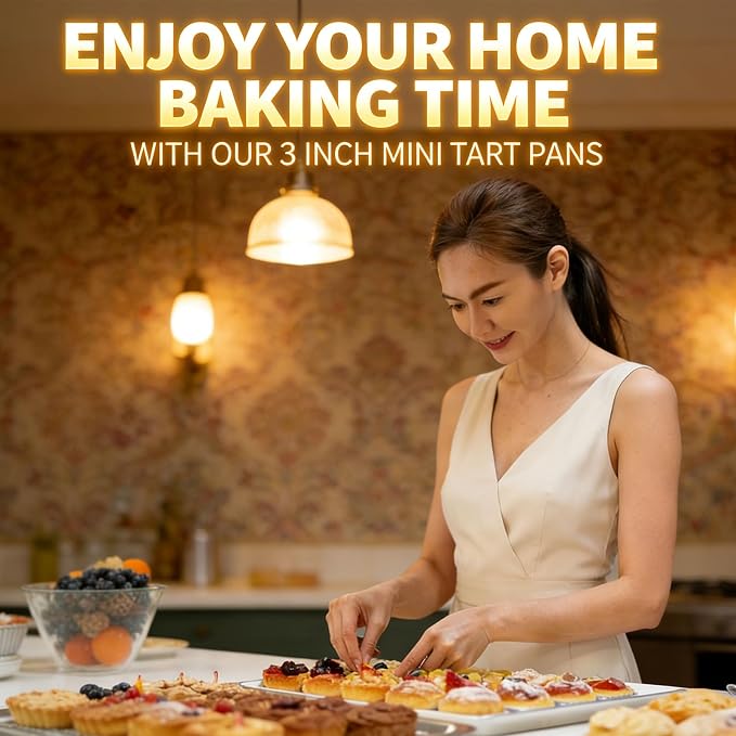 DATANYA 12Pack Mini Tart Pans Removable Botttom 3 Inch Tart Pan, Round Nonstick Carbon Steel Fluted Quiche Pie Tart Pan for Baking Pies, Quiches, Tartlets, Tart Shells, Cupcakes, Desserts