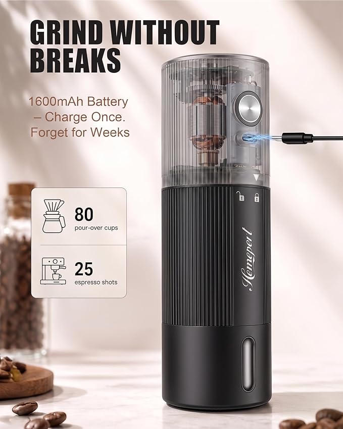 High-Speed Electric Burr Coffee Grinder, Stainless Steel Burrs, Black | Cordless Coffee Mill with 1600mAh Rechargeable Battery, 40 Settings for Pour-Over to Espresso, Portable for Camping, Travel