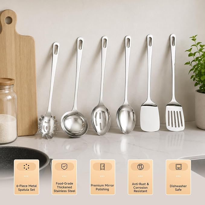 6PCS Stainless Steel Cooking Utensils, Kitchen Metal Spatula Set | Heat Resistant Kitchen Utensils Set, Dishwasher Safe, Home Essentials Kitchen Gadgets Accessories