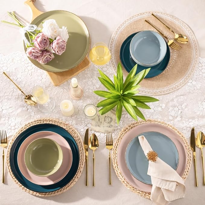 AmorArc Dinnerware Sets for 4, 12 Pieces Ceramic Plates and Bowls Set | Scratch Resistant Stoneware Dishes Set, Dishwasher & Microwave Safe, Colorful
