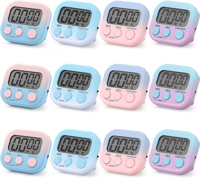 Weewooday 12 Pcs Digital Kitchen Magnetic Timer Bulk Classroom Count up Countdown Egg Timer Cute Desk Stopwatch for Back to School Teacher Kids Cooking Office(Pink and Blue,Gradient Style)