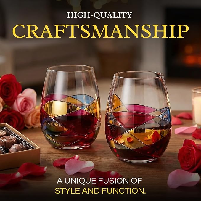 Artisanal Hand Painted Stemless Wine Glasses - Everyday Celebrations, Gift Idea for Wife, Mom, Valentine, Holiday Renaissance Romantic Stain-glassed Windows, 2 Set - Gift Idea Birthday, Housewarming