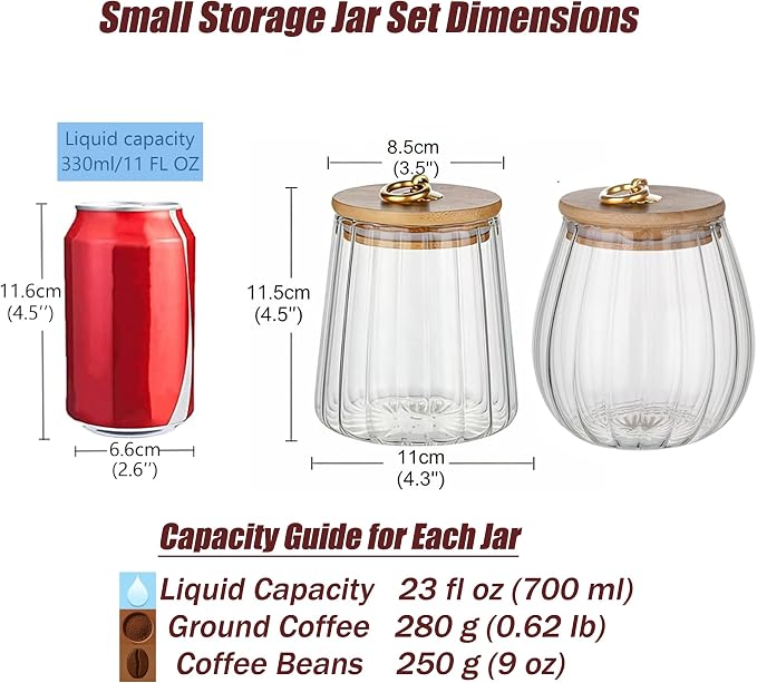 Small Glass Coffee Nuts Canister, Airtight Jar Bamboo Lid, 23 FL OZ, 2pcs | Sealed Kitchen Storage Jar, 700ml Petal Ribs Design Decorative Candy Coffee Container, Gold Metal Handle, Easy to Grasp