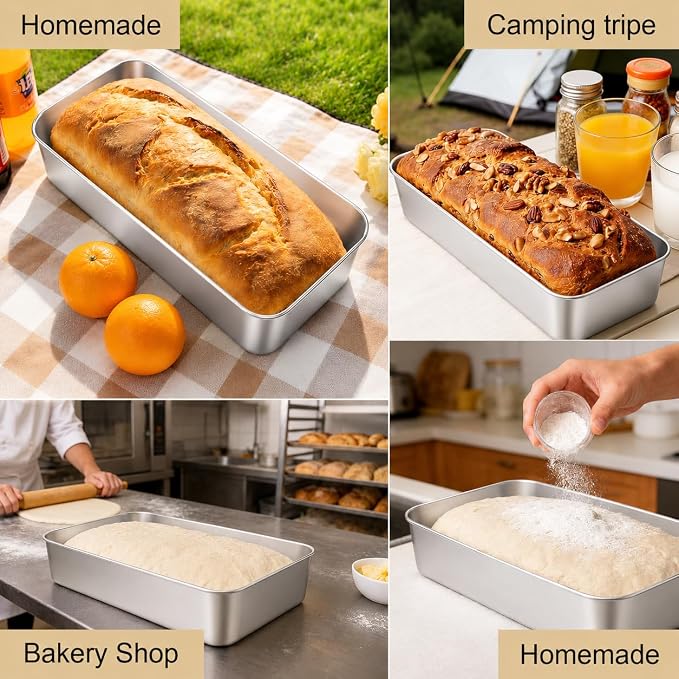 4 Pack Stainless Steel Loaf Tins with Lids, 12.7 x 5.8 Inch Bread Pans | For baking bread, cakes, brownies, lasagna and meatloaf. Suitable for homemade recipes, meal prep and everyday kitchen use.