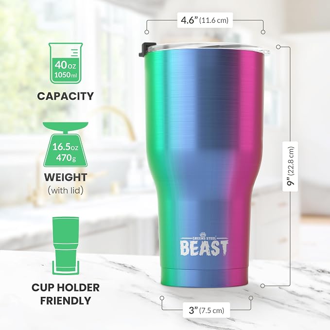Beast 40 oz tumbler - Vacuum Insulated Tumbler with Straw - Leak Proof Stainless Steel Travel Mug - Double Wall Iced Coffee Cup - Reusable Water Bottle - Gifts for Mom, Women and Men (Rainbow)