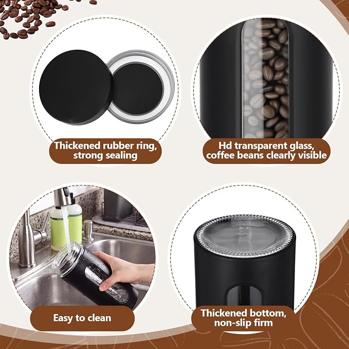Stainless Steel Coffee Grounds Canisters Container with Shelf | 3 x 50oz, Sugar Coffee Bean Storage Container Set, Airtight Threaded Lid, Glass Window, Scoop, Kitchen Jar for Coffee Bar