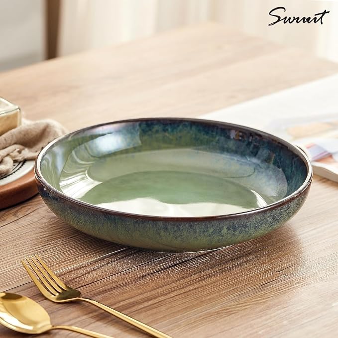 Transmutation Glaze Serving Pasta Bowl,10 inch Ceramic Wide Salad Bowls,50 Ounce Large Big Fruit Bowl for Kitchen, Microwave Oven Dishwasher Safe (Green)