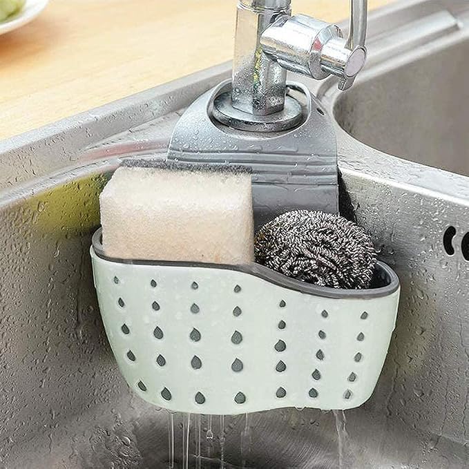 EC Kitchen Sink Caddy Sponge Holder Plastic Hanging Ajustable Strap Faucet Caddy with Holes