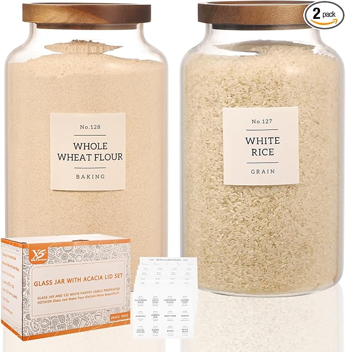 2 Pack Large Glass Flour and Sugar Storage Containers with Airtight Acacia Lids and 132 Kitchen Pantey Labels Preprint - 95 LF OZ Borosilicate Glass Canister Sets for Food,Spaghetti,Cookie,Rice