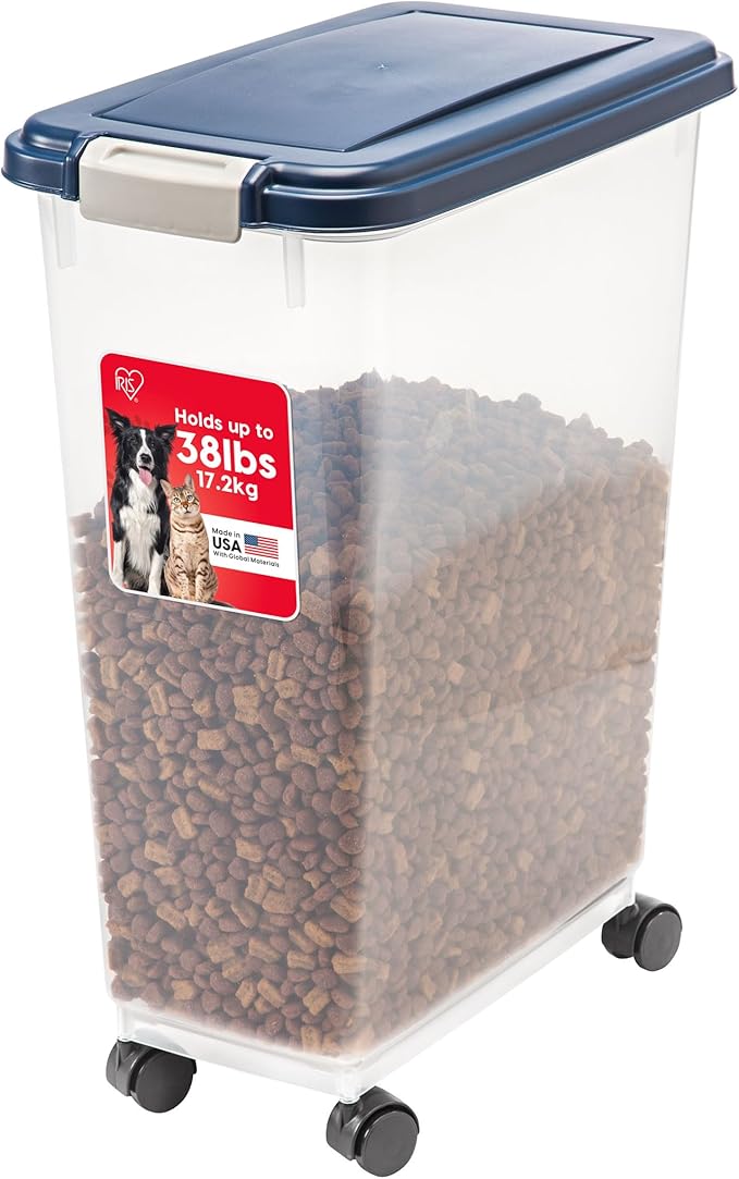IRIS USA Dog Food Storage Container, Up to 38 lbs, Navy, Made in USA | Wheels for Mobility, Airtight Seal, BPA-Free, Best for Bird Seed, Cat food, Cat Litter, Chicken Feed, Pellets